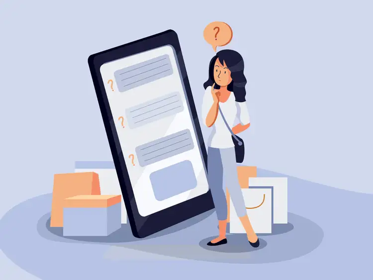 Infográfico de uma mulher que realiza um inquérito de satisfação do cliente