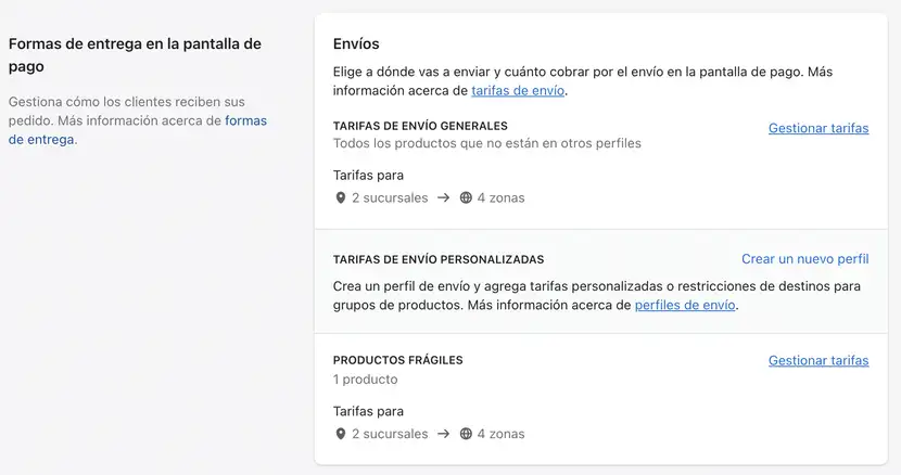 Métodos de envío en shopify configuración paso 2.