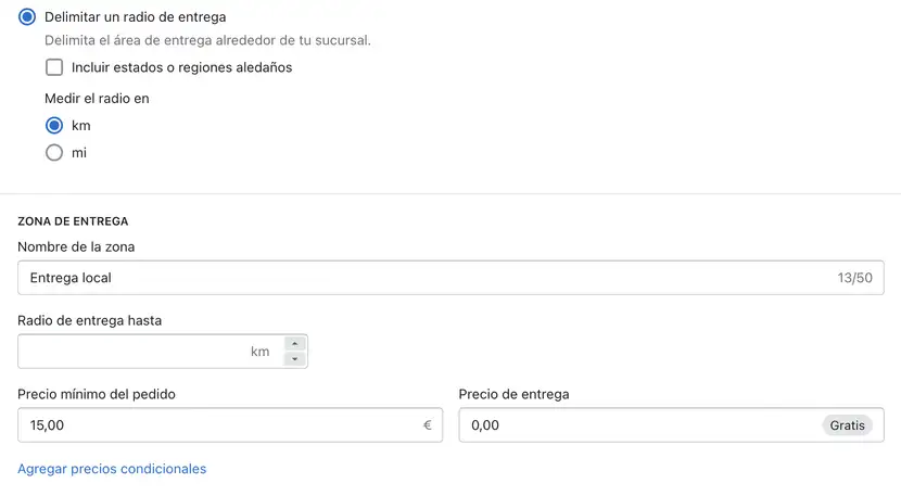 Métodos de envío en shopify configuración paso 9.