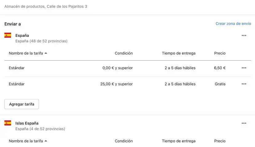 Métodos de envío en shopify configuración paso 5.