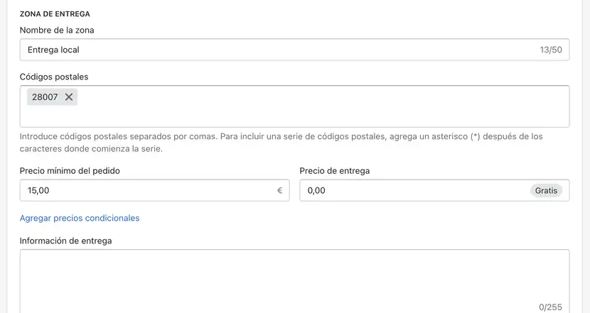 Métodos de envío en shopify configuración paso 9