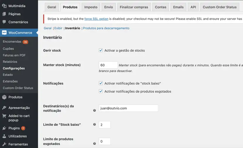 woocommerce inventário