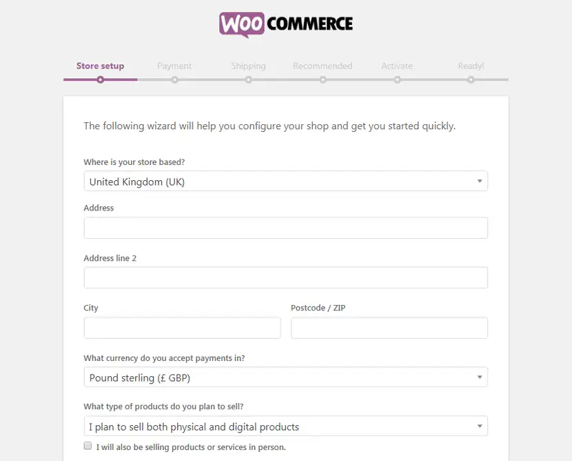 WooCommerce Setup Seite