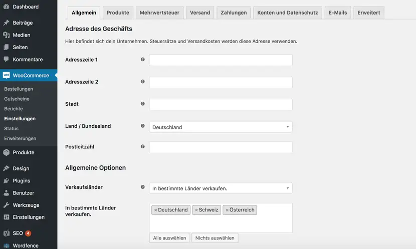 Allgemeine WooCommerce Einstellungen
