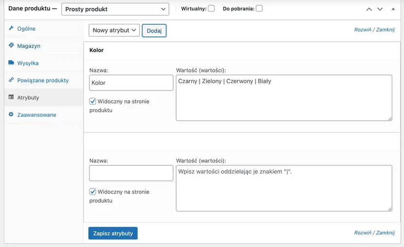 Zrzut ekranu WooCommerce przedstawiający etap dodawania produktów w sklepie internetowym o nazwie atrybut gdzie można wypisać atrybuty produktu jego rodzaje kolorów rozmiarów