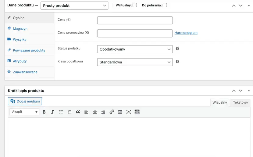 Zrzut ekranu przedstawiający Główne ustawienia General w których właściciele sklepów online opartych o WooCommerce mogą wpisać wszystkie podstawowe informacje o produkcie takie jak cena, nazwa, opis, cenę promocyjną status produktu typ zdjęcie kategorię tagi