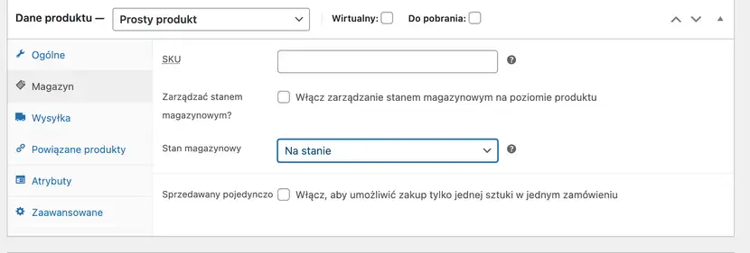 Zrzut ekranu WooCommerce pokazujący opcję dodawania produktu Magazyn w której sprzedawcy sklepów internetowych mogą  dodać numer towaru SKU zadecydować o stanie magazynowym zarządzanie stanem magazynowym