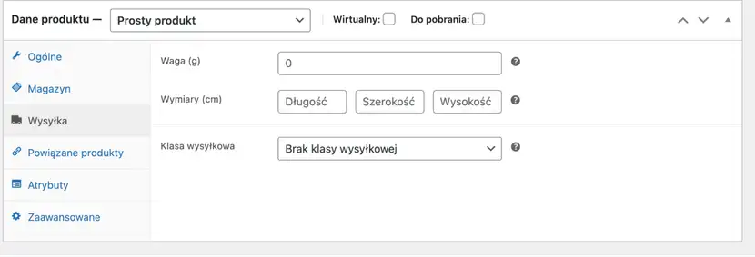 Zrzut ekranu panela WooCommerce do wystawiania produktów w sklepie online pokazującym wysyłkę gdzie sprzedawcy mogą wpisać wagę w kilogramach wymiary w centymetrach oraz klasę wysyłkową swoich towarów 