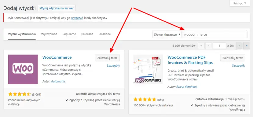 zrzut ekranu panela administracyjnego WordPress w którym znajduje się wyszukiwarka wtyczek dla firm z branży eCommerce a ta przedstawiona na grafice to WooCommerce 