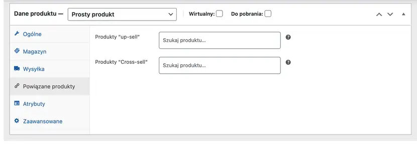 Zrzut ekranu  przedstawiający Powiązane produkty czyli opcję w WooCommerce przy dodawaniu produktu do sklepu internetowego działającego na CMS WordPress