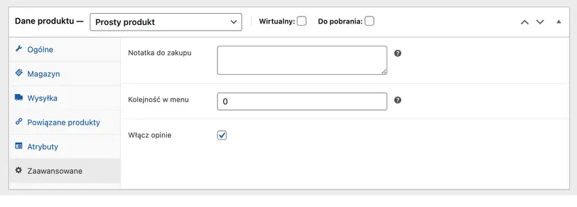 Zrzut ekranu z wtyczki WooCommerce przedstawiający dodawanie produktu i opcję zaawansowane dzięki której można umożliwić dodawanie opinii w sklepie online  