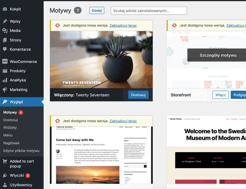 Zrzut ekranu WooCommerce przedstawiający moment zmiany motywu w sklepie online przez sprzedawców  internetowych  w e-sklepie działającym na WooCommerce i WordPress