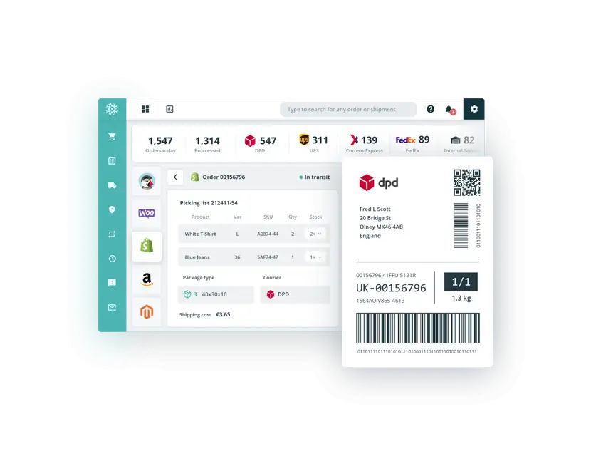 Grafika przedstawiająca wtyczkę do WooCommerce Outvio oraz etykietę którą można automatycznie wydrukować z panela Outvio również możliwe integracje z CMS oraz kurierami