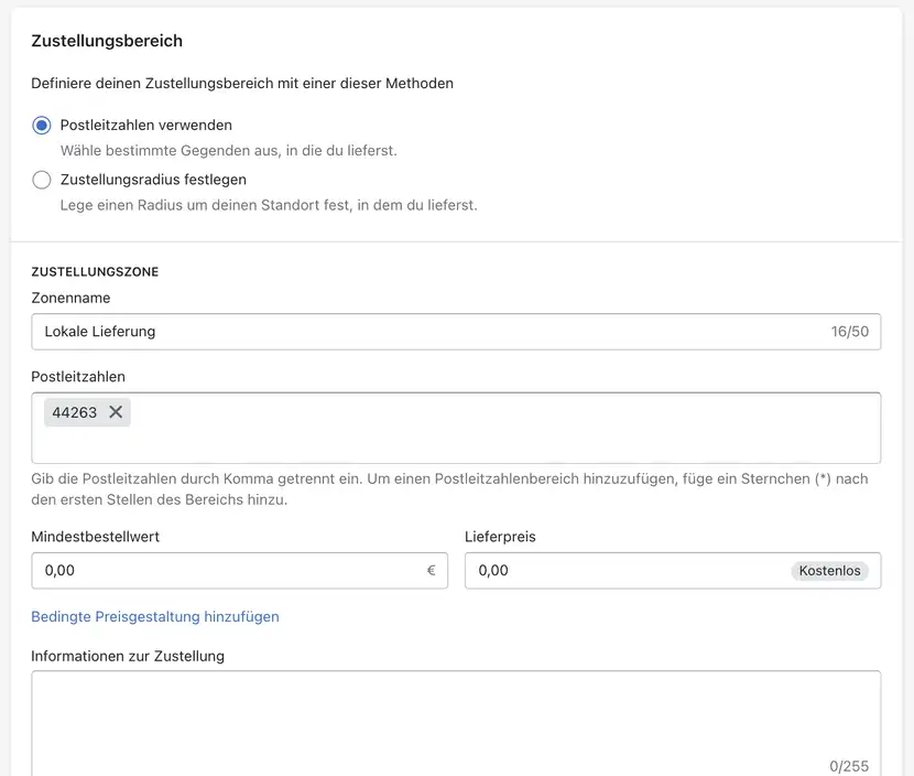 Lokale Zustellung Postleitzahl