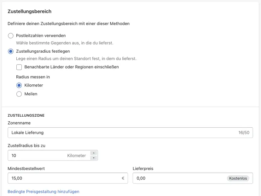 Lokale Zustellung Zustelungsradius