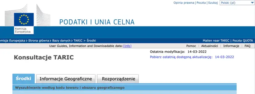 strona UE dotycząca kodu TARIC
