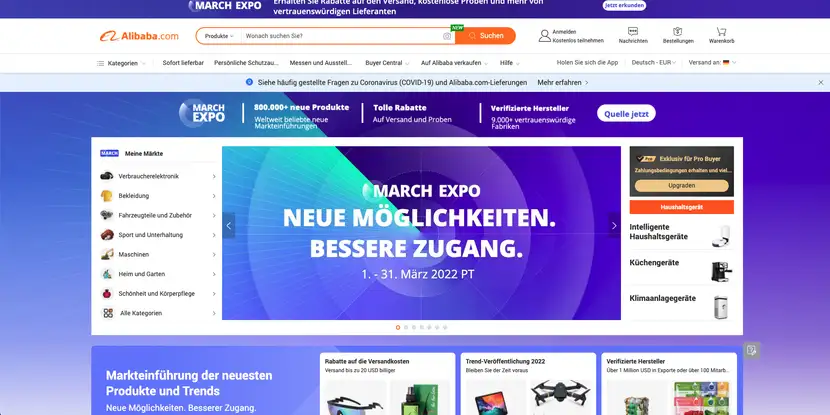Landingpage des E-Commerce Alibaba