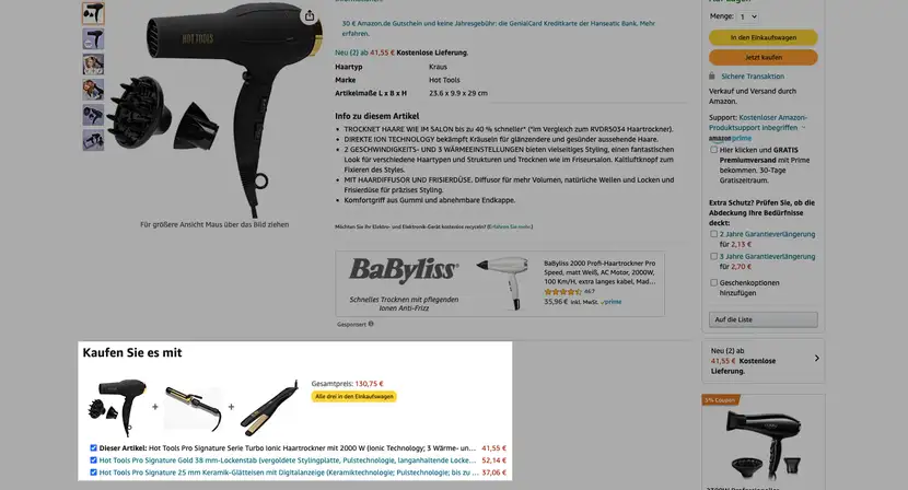 Amazon Checkout zeigt eine Cross Selling Technik