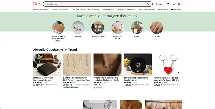 Landingpage des E-Commerce Etsy