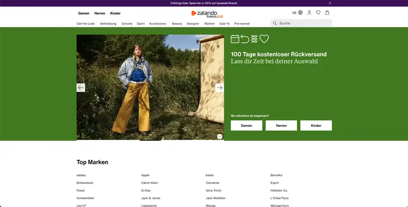 Landingpage des E-Commerce Zalando