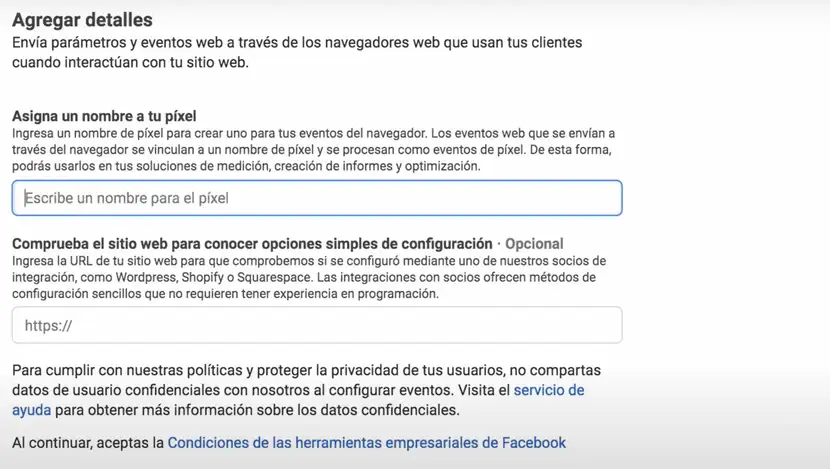 Nombre y URL para el píxel de Facebook de una tienda online
