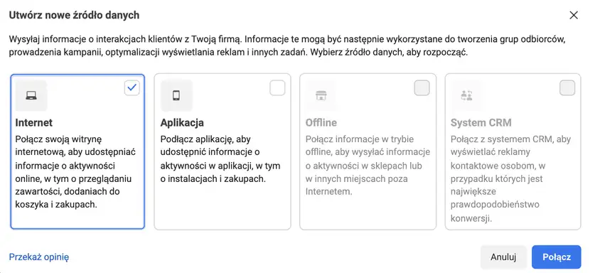 Zrzut ekranu przedstawiający moment tworzenia facebook pixel