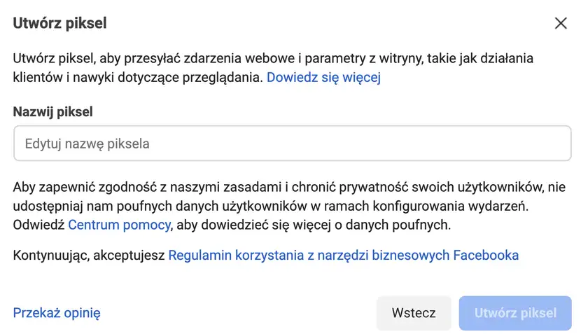 Nazywanie facebook pixel sklepu internetowego podczas instalacji piksela