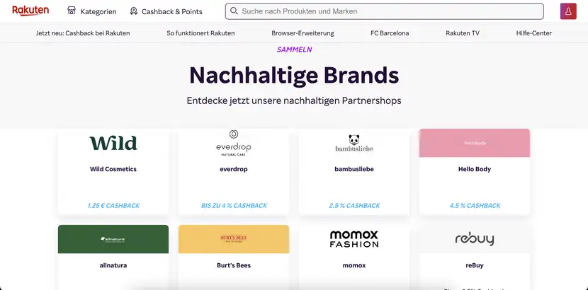 Landing page von Rakuten