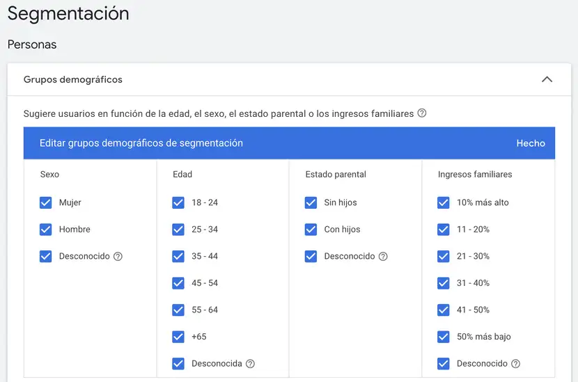 Opciones de segmentación geográfica de una campaña de Google Ads