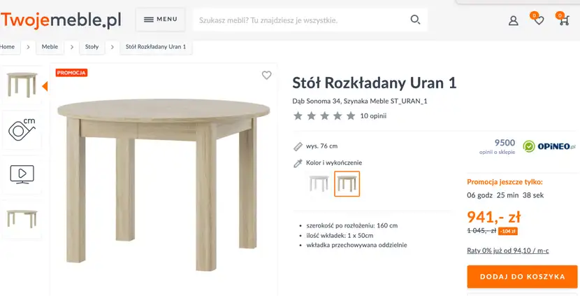 Karta produktu sklepu meblarskiego