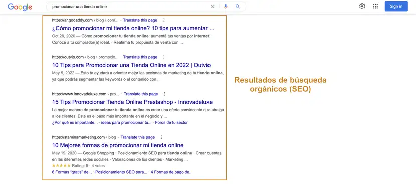 Resultados orgánicos de una búsqueda en Google.