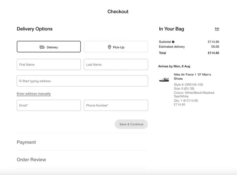 nike checkout page example