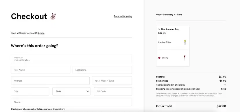glossier multi-page checkout
