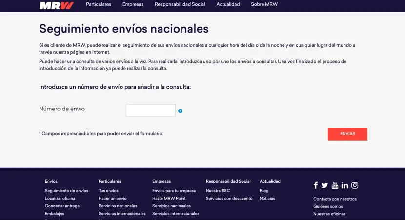 Portal de seguimiento de envío de MRW.
