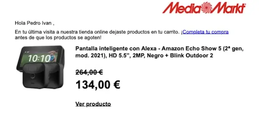 Promoción de carrito abandonado de MediaMarkt.