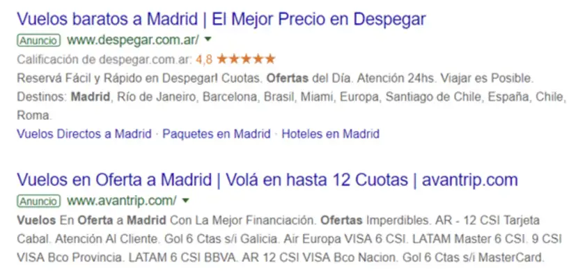 Publicidad de la red de búsqueda de Google Adwords.