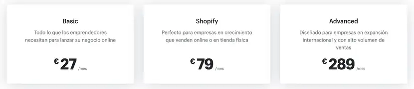 Planes de precio de Shopify.