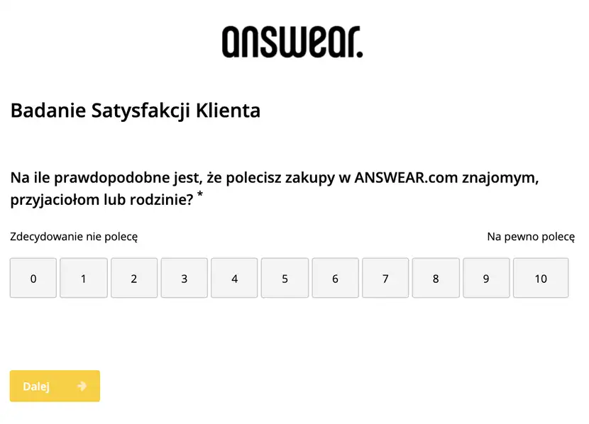Przykład badania satysfakcji klienta Answear na zewnętzrnej stronie