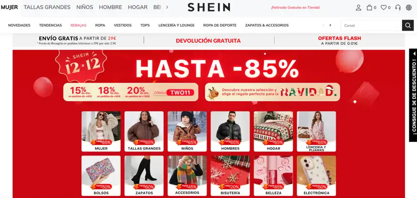 Página home del proveedor de dropshipping, Shein.