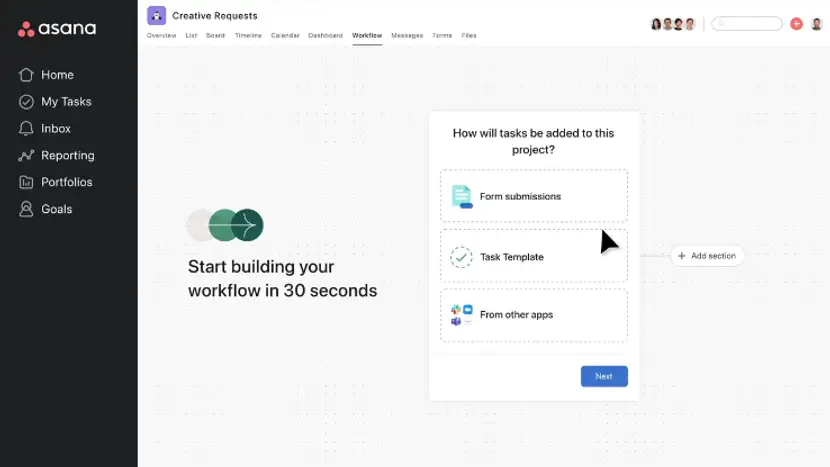 asana ferramenta de criação de workflow
