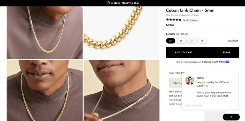Pop up para chat de soporte en eCommerce de moda.