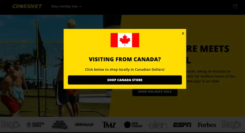 Ejemplo de ventana emergente de un eCommerce internacional canadiense.