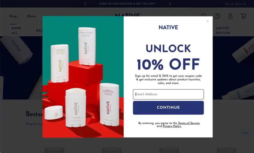 Pop up de descuentos y promociones para la tienda online Native.