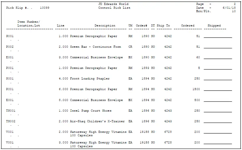 picking list example