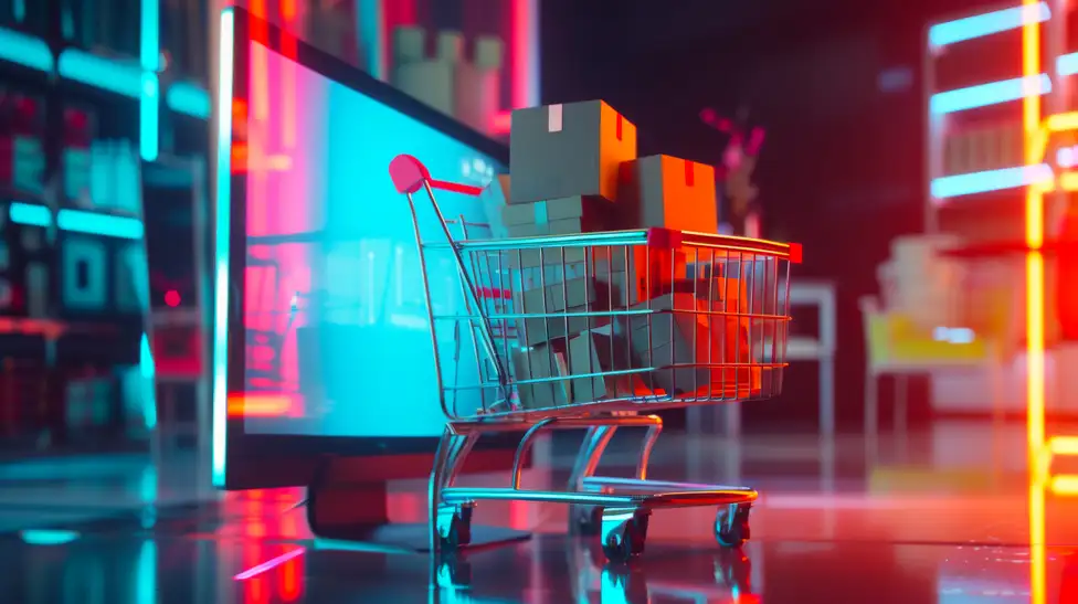 shopping cart full of boxes next to PC